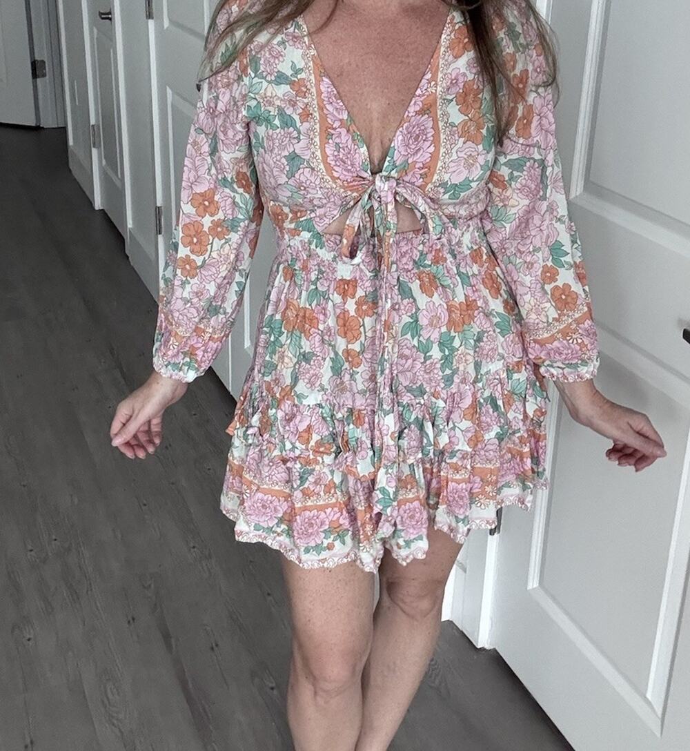 SEA LUSTRE Lola Mini Dress  Multicolor Floral V-Neck Smocked, Long Sleeve, M/L